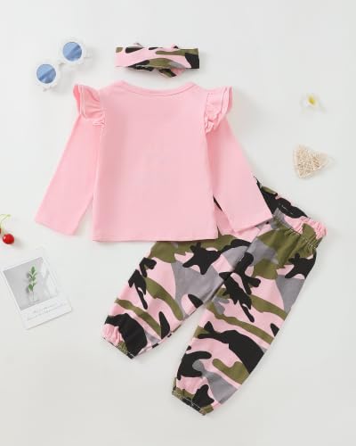 Image of Newborn Baby Girl Clothes Letter Print Long Sleeve Bodysuit Ruffle Floral Pants with Headband 3Pcs Infant Girl Outfits Set