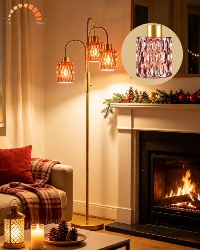 Image of 70 inch Glass Floor Lamp, 3-Light Gold Dimmable Standing Tall Lamp with Deep Red Glass Shades &3PCS 3000K Warm White Bulbs for Wedding /Party, Modern Tree Pole Lamp for Living Room Bedroom Home Decor