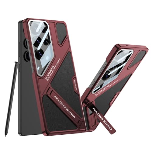 Image of Midkart Leather Case Compatible with Samsung Galaxy S25 Ultra Hidden Kickstand Cover Hard PC with Camera Protection, Red & Black