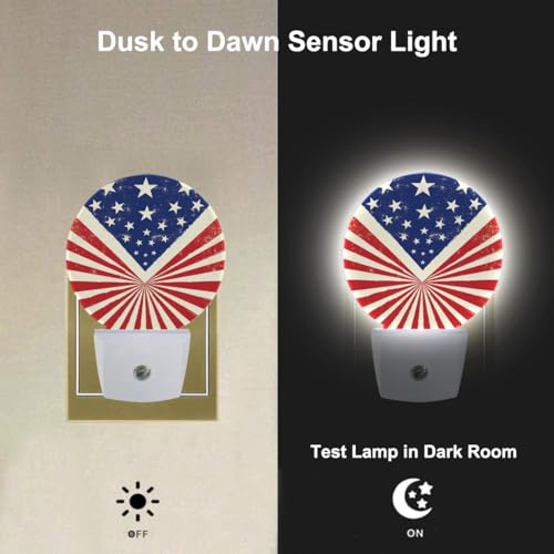 Image of Retro American Flag Night Lights Plug into Wall Patriotic LED Dusk to Dawn Plug-in Nightlight Auto Sensor for Bedroom Bathroom Hallway Living Room