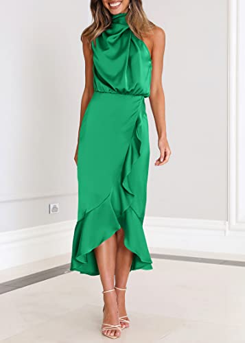 Image of KIRUNDO Women's Summer Satin Mock Neck Wedding Guest Dress | Party Cocktail Midi Dress, 2026 Spring Fashion, Silky, Elegant Classy Halter High Neck, Sleeveless Wrap Ruffle Formal Dress