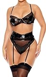 Forplay Opposites Attract Mesh and Vinyl Bra and Garter Belt Lingerie Set Black