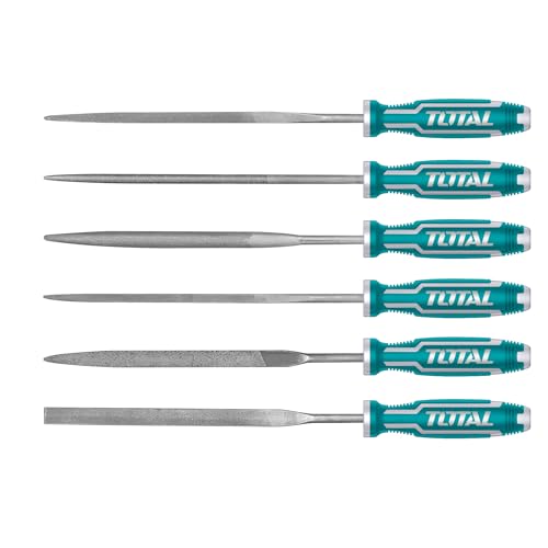 TOTAL - Juego de 6 Limas | 140 mm | Lima Plana, Redonda, Media Redonda, Cuadrada, Triangular y de Cuchillo | Ideal Para Carpintería | Para Limar Madera, Plástico o Metal | Acero Turquesa