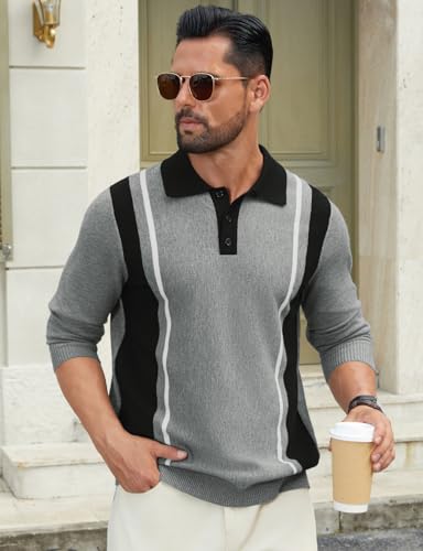 Hardaddy Men's Vintage Striped Polo Sweater Color Block Lightweight Long Sleeve Collared Knit Shirts3