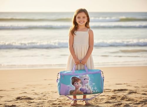Image of Disney Frozen Girls' Duffle Bag - Elsa & Anna Travel Gym Bag with Adjustable Strap, Mesh Side Pockets & Zipper Pocket