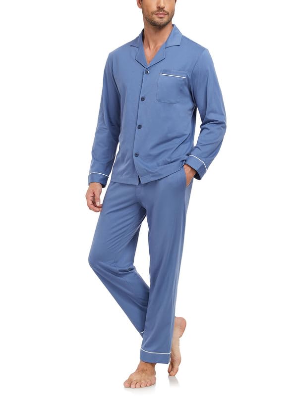 COLORFULLEAF Men's 100% Cotton Pajama Set Long Sleeve Button Down Top & Pants Soft Fall Sleepwear for Cozy Nights