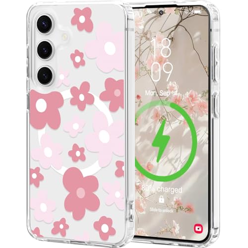 L-FADNUT Coque Magnétique pour Samsung Galaxy S25 Plus/S24 Plus Compatible avec MagSafe Motif de Fleur Fine Antichoc Transparent Coque de Protection pour...