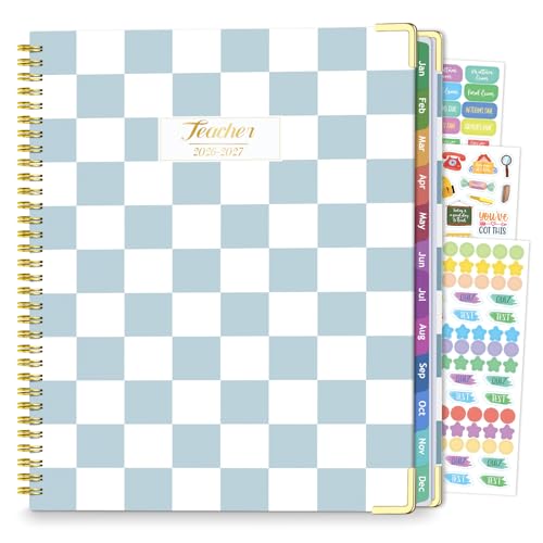 Teacher Planner 2026-2027 Jul 2026-Jun 2027 Academic Year 8.5 x 11 Lesson Planner Book for Teacher Calendar Spiral Bound Planners Colorful Monthly Tabs Planning Stickers BlueCheckered