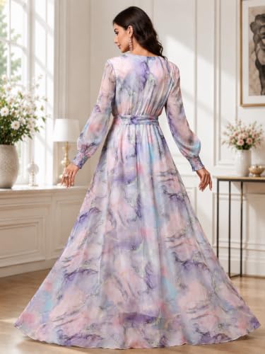 Image of LITZO Women's One Piece Dress - Georgette Floral Printed Western Gown | Long Sleeve V Neck Fit & Flare Flared Hem Design | A-Line Maxi Dress for Women | New Year Party Outfit (NO-08-10)