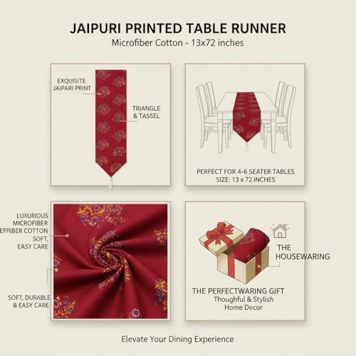 Image of COZY FURNISH Floral Printed Microfiber Cotton Table Runner for 6 Seater Dining Table & Runner with Tassels - 13x72 Inches Decorative Home Kitchen Table Linen