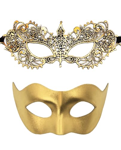 Luxdesc Couple Masquerade Lace Mask Set, Fit for Women and Men Venetian Halloween Masks (Golden)