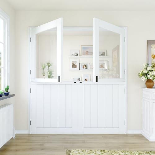 Swinging Double French Dutch Doors, 72x80 Inch White Interior/Exterior Patio Door with Single Pane...