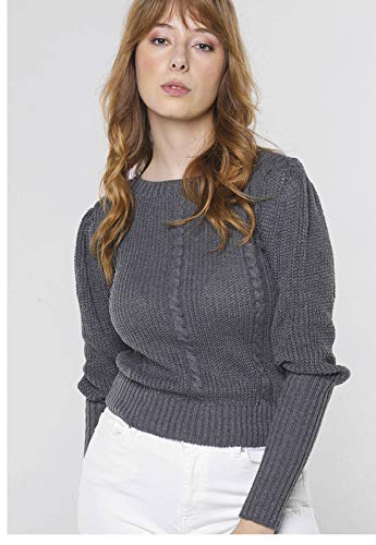 Suéter de Tricot Mangas Bufantes Gola Canoa Sob Cinza Chumbo (G)