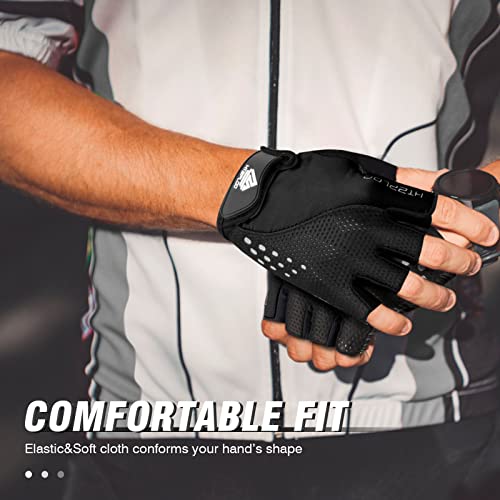 HTZPLOO Bike Gloves for Men Women - Cycling Biking Gloves with Anti-Slip Shock-Absorbing Pad, Light Weight, Nice Fit, Half Finger - Deep Black, Medium