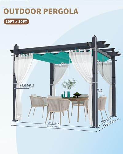 Image of KYBOLT 10x10 Ft Outdoor Pergola with Retractable Canopy & Side Mesh Screen Gray Post Patio Gazebo for Backyard Deck Garden Lawns Porch(Blue+White)