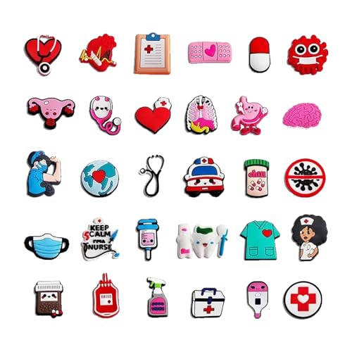 Bieiyhe 30 Piezas Adornos para Zapatos Enfermera Pins para Crocs Medico Accesorios de Decoración de Zapatos Shoe Charms Pines Zuecos Sanitarios Encantos de Zapatos para Adultos, Niños y Niñas