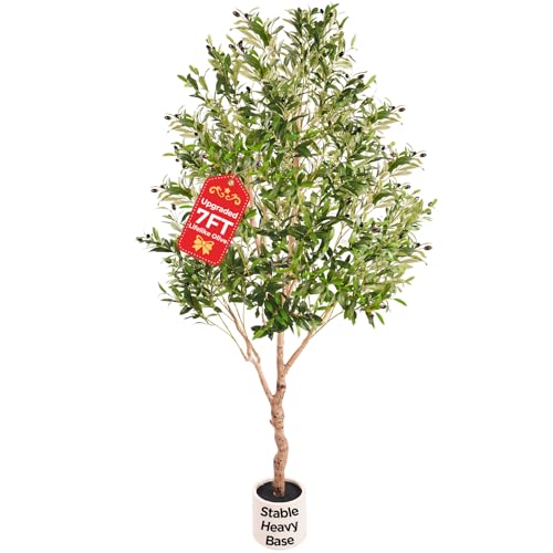 Large Olive Trees Artificial Indoor, Upgraded 7FT Faux Olive Tree with Natural Wood Trunk and Lifelike Fruits, White Tall Planter, Modern Artificial Plants for Home/Office Decor Gifts