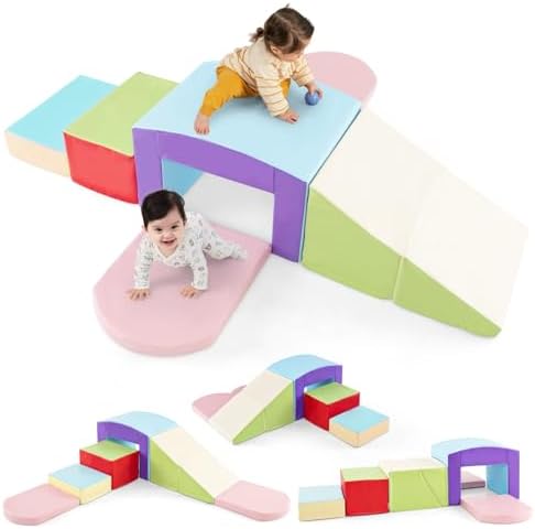 Olakids Climbing Toys for Toddlers, 7 Pieces Indoor Baby Foam Blocks Soft Play Set with PU Leather, Kids Climb and Crawl Sliding Activity Structure Gym Playground Climber