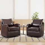 ANJ Leather Swivel Chairs Set of 2,360°Swivel Round Barrel Chair with Plump Back Pillow, Modern Leather Club Chair for Small Space,Comfy Accent Armchair for Living Room Bedroom(Dark Brwon)