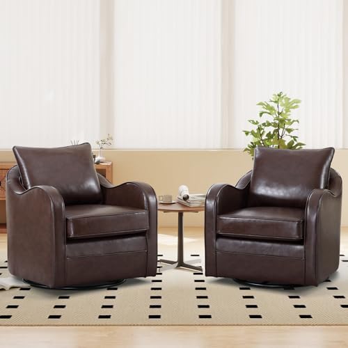 ANJ Leather Swivel Chairs Set of 2,360°Swivel Round Barrel Chair with Plump Back Pillow, Modern Leather Club Chair for Small Space,Comfy Accent Armchair for Living Room Bedroom(Dark Brwon)