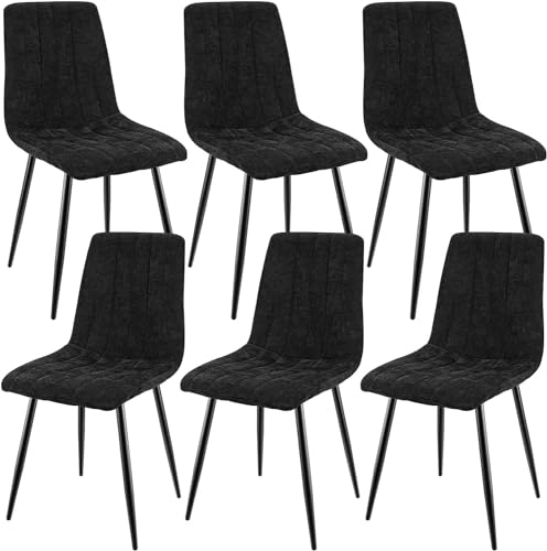 JIJIAN Lot de 6 Chaises de Salle à Manger, Chaises Tapissées en Tissu de Lin et Pieds en Métal Noir, Design Rayé, pour Salle de Séjour Chambre à Coucher Cuisine...