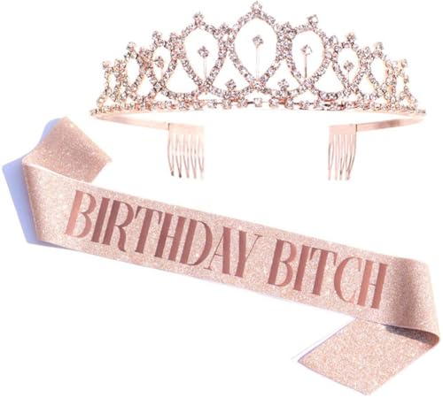 BaronHong Birthday Girl Sash & Rhinestone Tiara Kit - Rose Gold Birthday Gifts Glitter Birthday Sash Birthday Party Favors(9,M)