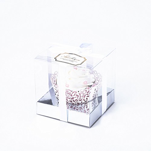 Clear Plastic Cupcake Box With Gift Ribbon Lovely Stickers and Silver Inserts Wedding Party Favor Boxes 3.5 Inch -12 Sets