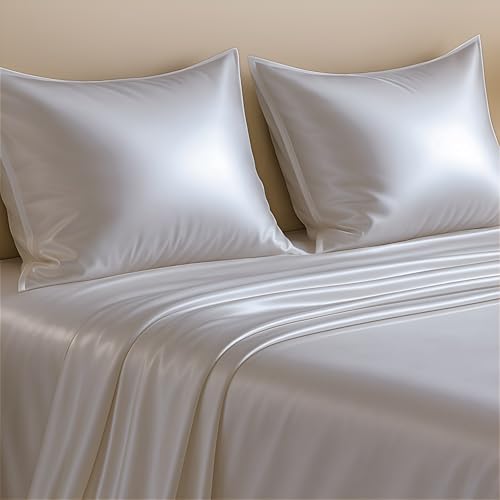 Image of Luxe Ere Satin Bedsheet King Size (90x108) | 300 TC Ultra Smooth Silky Soft Luxury Satin Bed Sheet with 2 Pillow Covers | Premium Satin Bedsheets for Double Bed - Moonstone Grey
