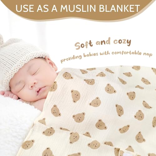Image of Car Seat Cover Baby Girls Boys, Summer Cotton Baby Car Seat Cover for Carseat, Comfortable Muslin Nursing Cover, Soft Baby Blanket, Breathable Lightweight Infant Stroller Canopy, Cute Bear
