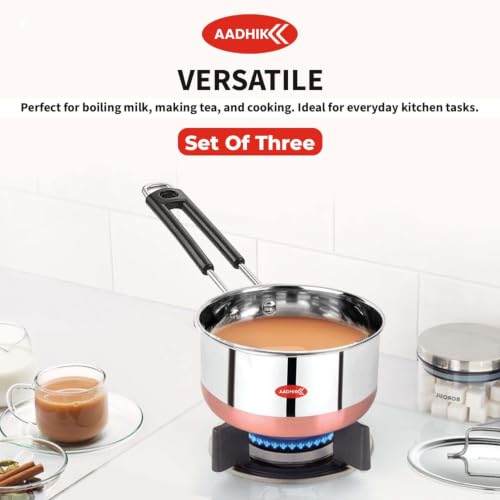Image of AADHIK Stainless Steel Sauce Pan Set with Lid, 1L, 1.5L & 2L, Set of 3