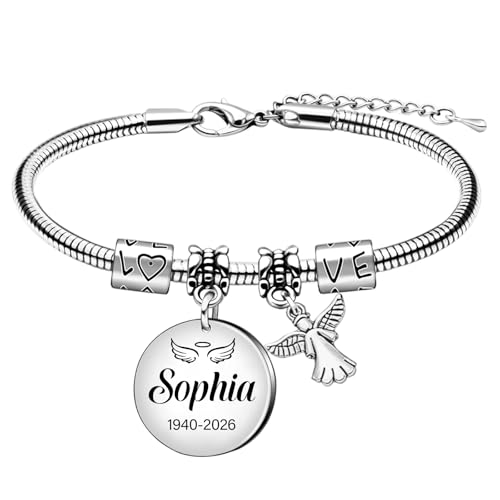HAPPARY Silver Bracelets for Women Men Custom Memory Bracelets for Loss Loved One with Name Dates Personalized Adjustable Bracelet Sympathy Bracelet for Loss of Husband Memorial Angel Charms Keepsake
