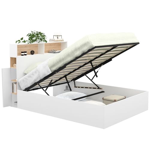 IDMarket - Lit Coffre Double Clyde avec tête de lit + rangements et sommier 140 x 190 cm Blanc et façon hêtre
