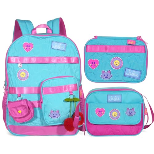 Kit Escolar Infantil Juju, Mochila de Costas com Lancheira e Estojo, Soft, Menina, Lilas e Verde com Detalhes Rosa (Verde)