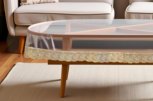 Image of The Furnishing Tree Oval Shaped Center Transparent Table Cover WxL 40x60 inches 0.25 mm Thickness with Golden Lace