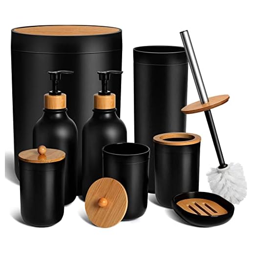 MIERTING Black Bathroom Accessories Set 8 Pcs, Matte Black Bathroom Accessory Sets With Trash Can, Soap Dispenser And Toothbrush Holder Set, Soap Dish, Cotton Ball & Qtip Holder, Toilet Brush & Holder