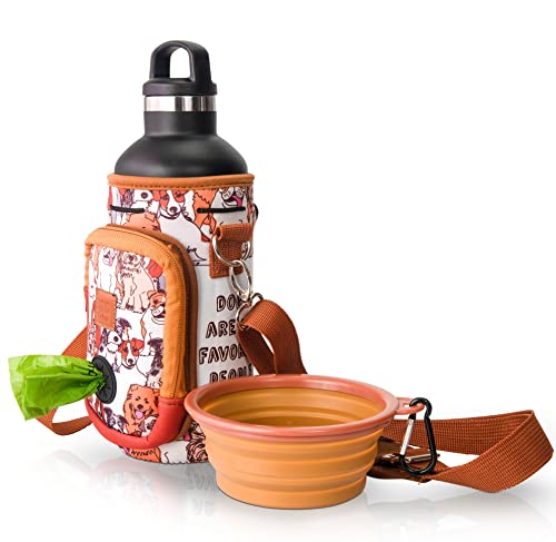 Made Easy Kit Porta garrafa de água com bolso para sacos de lixo de cocô e alça de ombro ajustável acolchoada com tigela opcional para animais de estimação (grande (947 g) com tigela, amante de cães, marrom)