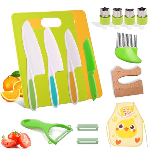 16PCS Kids Cooking Sets Real Montessori Kitchen Tools for Toddlers - Kids Knife Set for Real Cooking with Child-Friendly Plastic, Montessori Toys for Age 3-10 Year Old Girl Boy Gift