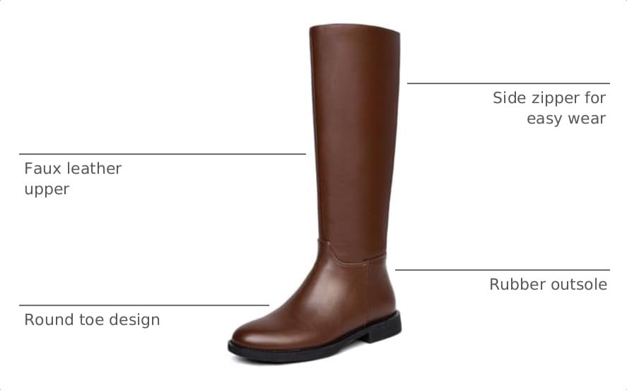 Image of Women's Knee High Boots Flat Round Toe Low Heel Tall Boots Side Zipper Fall Riding Long Boot
