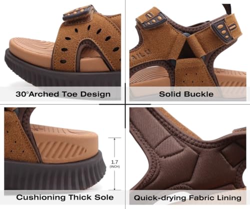 KuaiLu Mens Leather Hiking Sandals with Arch Support Orthopedic Sport Recovery Athletic Walking Sandals For Man Outdoor Summer Casual Thick Cushion Beach Water Fisherman Sandal, size 10 Khaki - Image 5