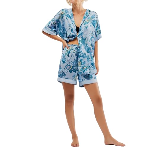Image of Women Silk Pajamas Floral Satin 2 Piece Pajama Sets | Button Down Short Sleeve Shirt and Elastic High Waist Shorts, Vintage 2Pcs Pj Sets, Two Piece Lounge Set, Elegant Sleepwear