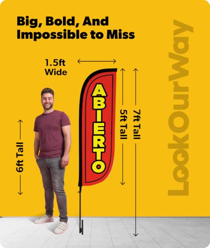 Image of LookOurWay Feather Flag Set - 5ft Tall Advertising Banner Flag with Pole Kit and Ground Spike for Business Promotion - Abierto