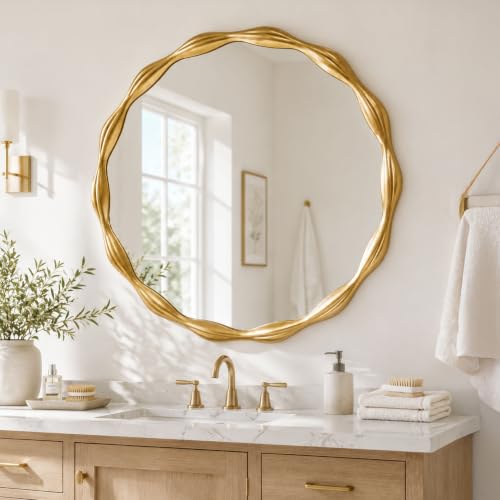 Image of Saliwa 27 Inch Round Gold Wall Mirror with Wood Frame, Modern Decorative Circle Mirror for Bathroom, Bedroom, Living Room, Entryway, Vanity, Dresser and Home Decor