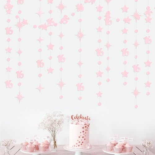 Image of Glitter Pink Number 16 Circle Dot Twinkle Star Garland Hanging Streamer Bunting Banner Backdrop Decorations for Girls Happy 16th Birthday Sweet Sixteen 16th Anniversary Cheers to 16 Years Party Decor