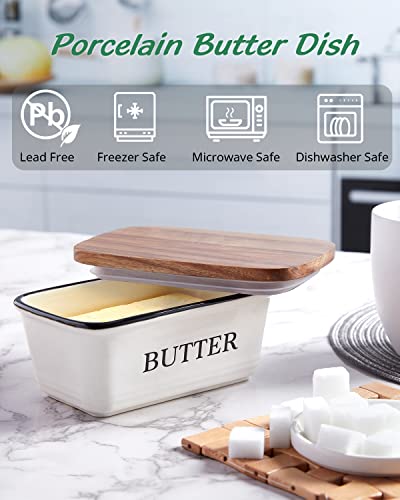 Farmhouse Butter Dish With Lid For Countertop - Large Ceramic Butter Container Holder With Acacia Wooden Lid For Counter - Modern Farmhouse Kitchen Decor And Accessories - White #TOP1