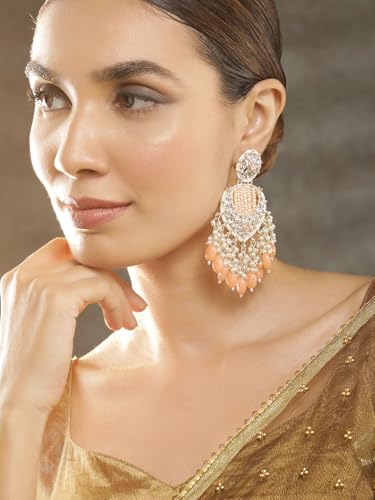 Image of Rubans Chandbali Earrings Kundan Pearl Beads Traditional Wedding Jewellery for Women & Girls