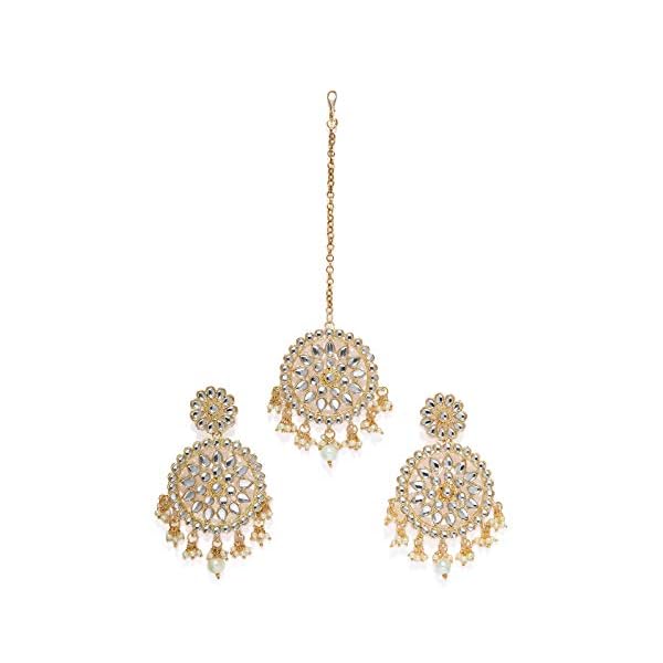 ZAVERI PEARLS Gold Tone Traditional Kundan & Pearls Earring & Maangtikka Set For Women-ZPFK7480