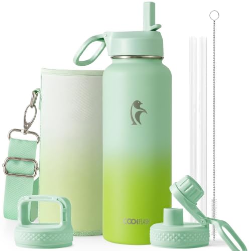 Image of Coolflask 40 oz Water Bottle Insulated with Straw & 3 Leakproof Lids