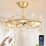 Depuley Bedroom Ceiling Fan with Lights: 20' Gold Chandelier Small Fan with Remote Control - Modern Flower Fandelier for Girl's Bedroom Living Room Kitchen