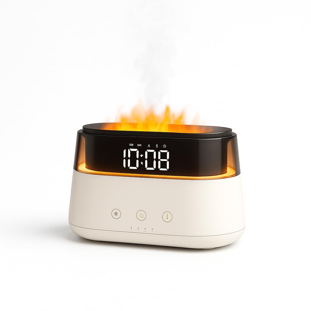 XVersion Smart Flame Humidifier & Aroma Diffuser with Clock, Night Light & Auto Timer – For Bedroom, Nursery, Office & Home Decor (White v2)