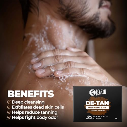 Image of Beardo De-Tan Soap for Men, 75g X 3 | Tan Removal and Caffeine Face & Body Soap | Detan With Coffee & 4% Glycolic Acid | For Body & Face | Refreshing Fragrance | For All Skin Types